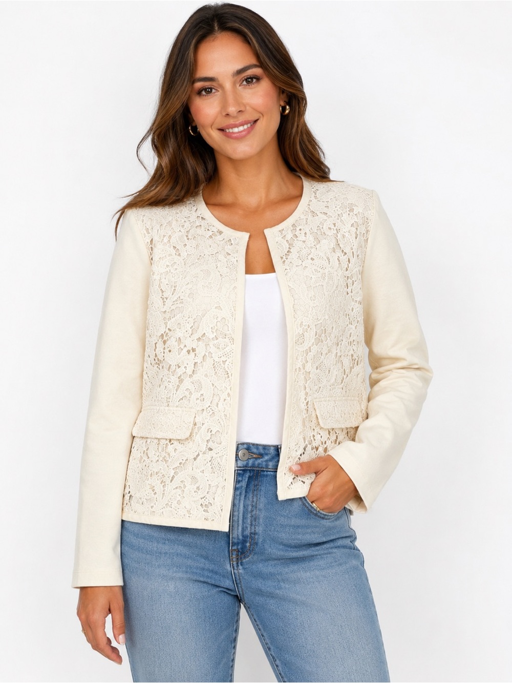 Chicos Ivory Crochet Lace Bolero Long Sleeve Open Jacket Shrug Womens Size‎ 2